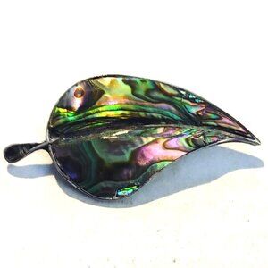 Vintage Abalone Shell Leaf Brooch Pin Silver Tone Setting Measuring 2.25 Inches